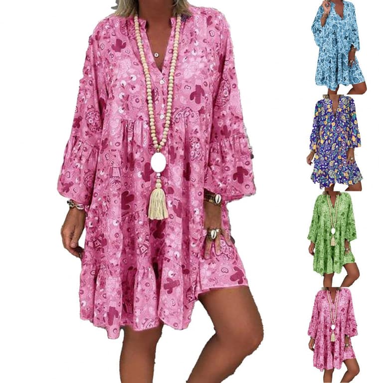 Vestido corto bohemio con estampado de cactus y volantes